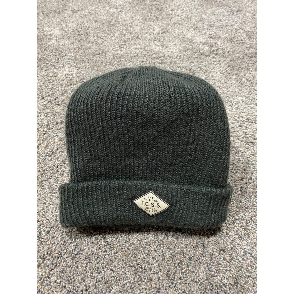 TCSS Beanie Mens Green Excellent Ribbed Knit Cuffed Logo Patch Hat